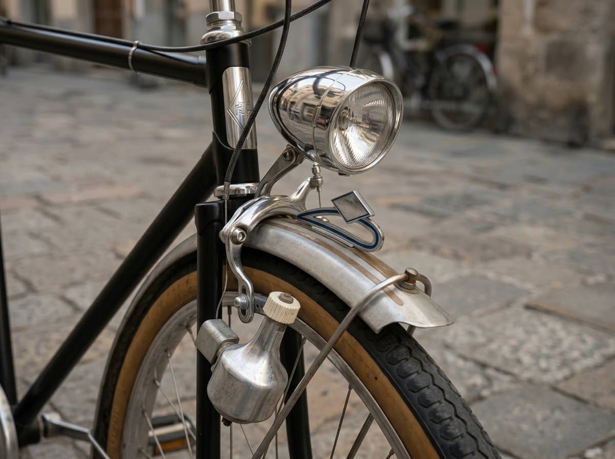 Classic bicycle with front light mounted low on the fork — the original optimal position